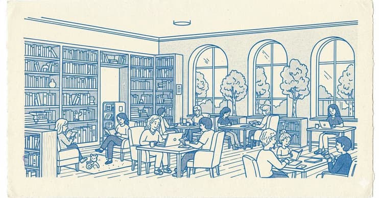 本棚に囲まれた図書室で、大人や子どもが読書やパソコン作業をしている青色のイラスト
